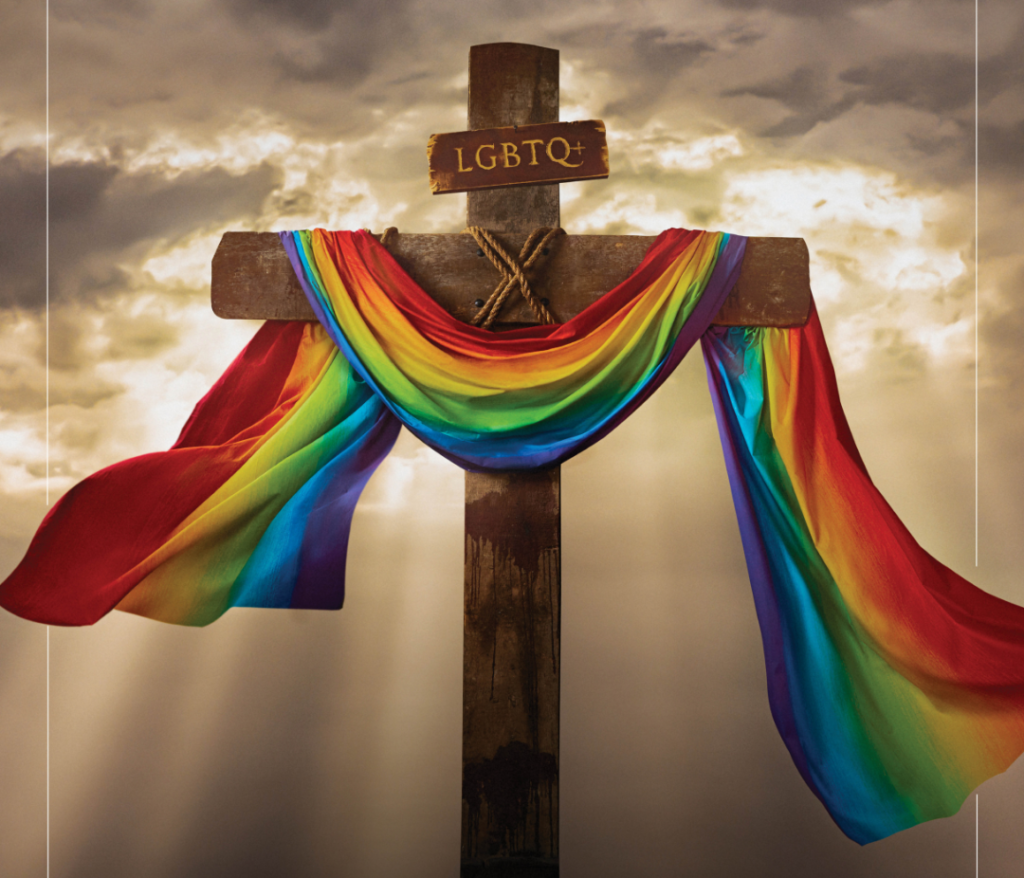 Old wooden cross with LGBTQ posted above it and it's draped with rainbow colored cloth